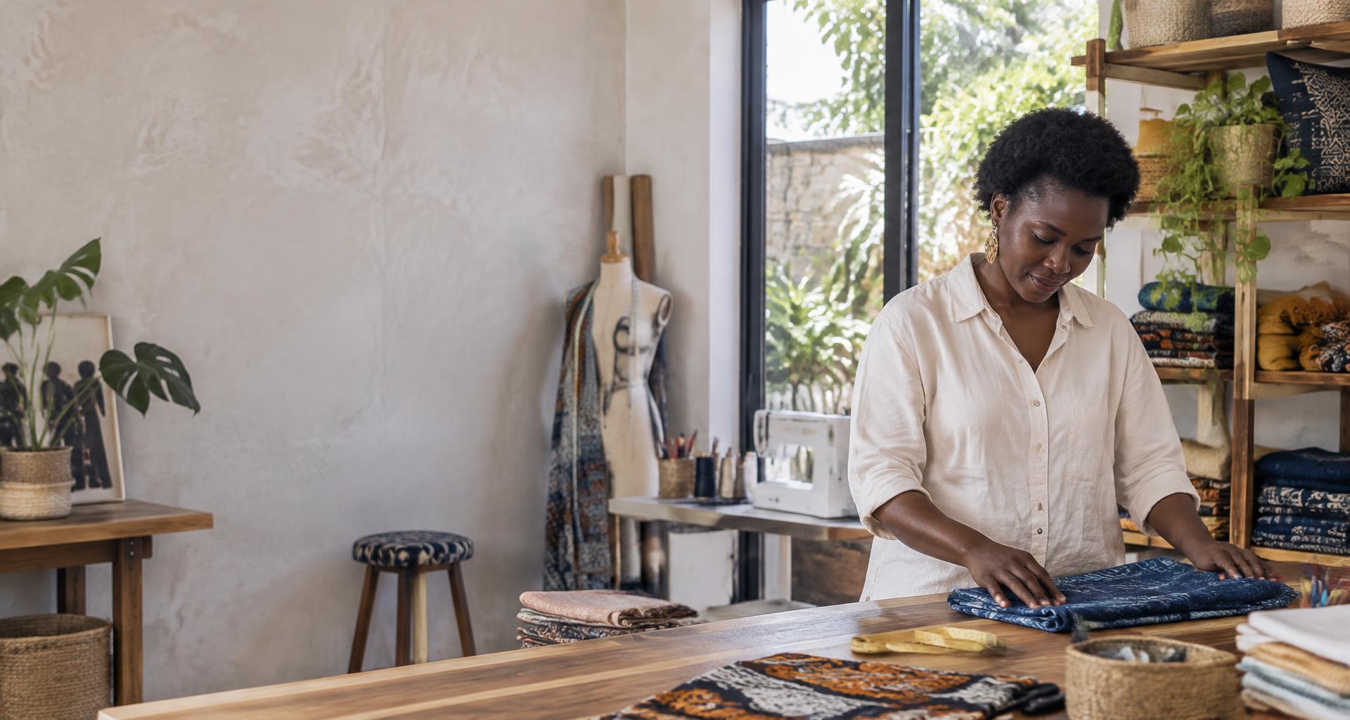 Une entrepreneure au travail dans son atelier de création